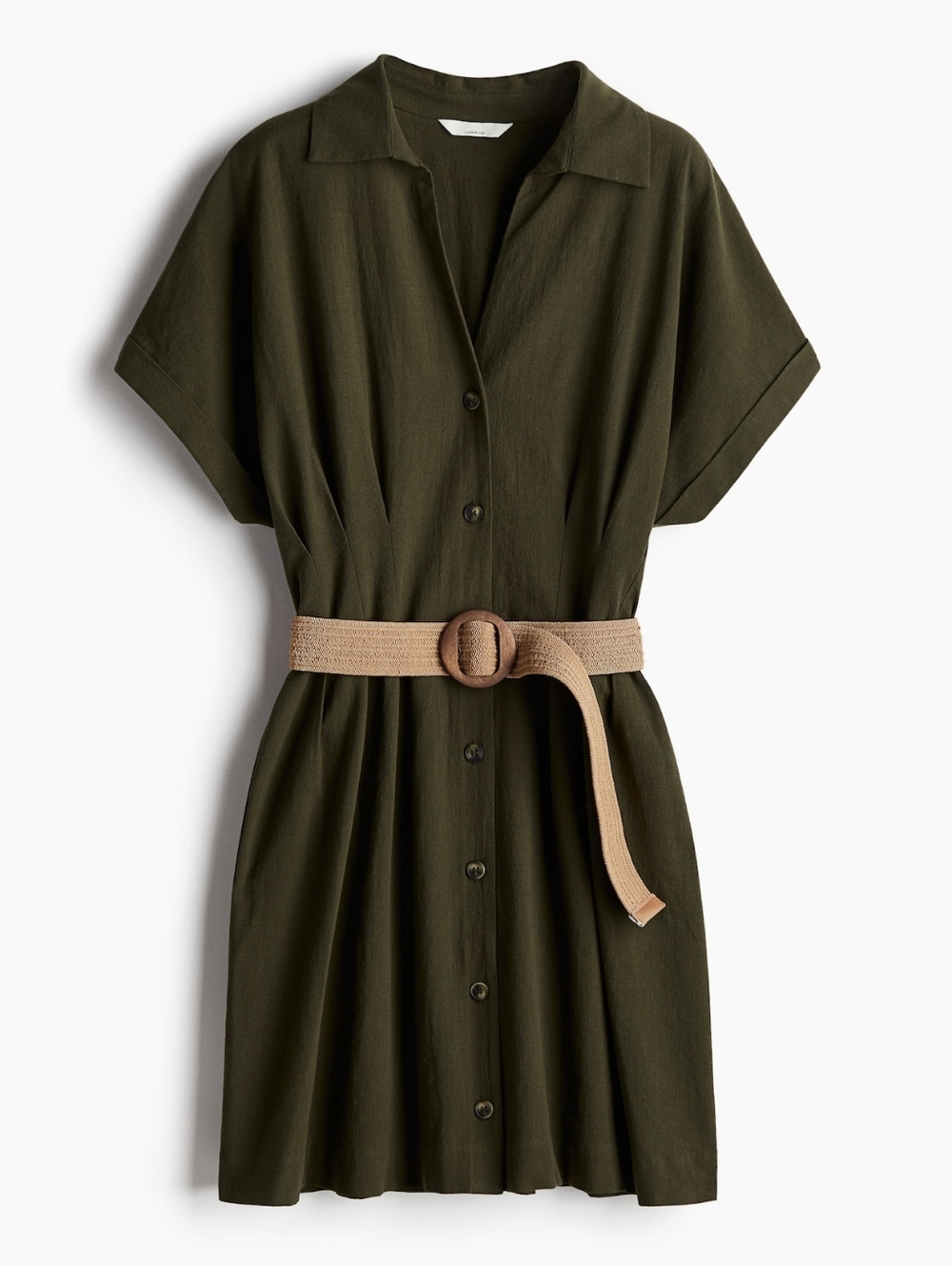 H&M Olive Green Linen-Blend Shirt Dress (Belt Missing)